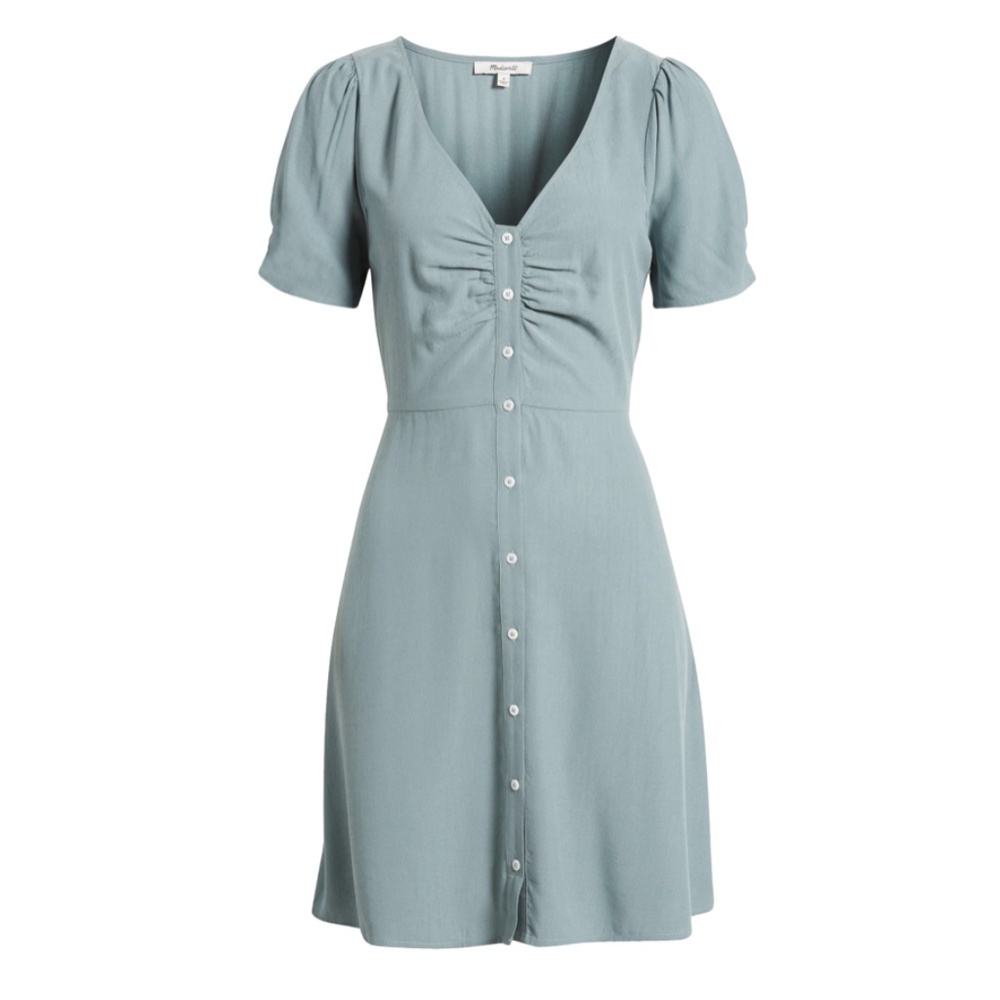 Madewell V Neck Button Front Mini Dress Faded River 4 NWT Summer Viscose